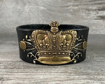 leather cuff bracelet with brass crown - distressed recycled belt cuff - rock star boho biker chick style by Speckled Sparrow [2292]