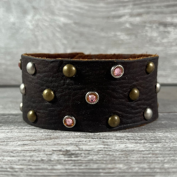 Brown recycled leather cuff bracelet with rivets - repurposed upcycled belt bracelet - gift for her rock star style biker chick [3163]