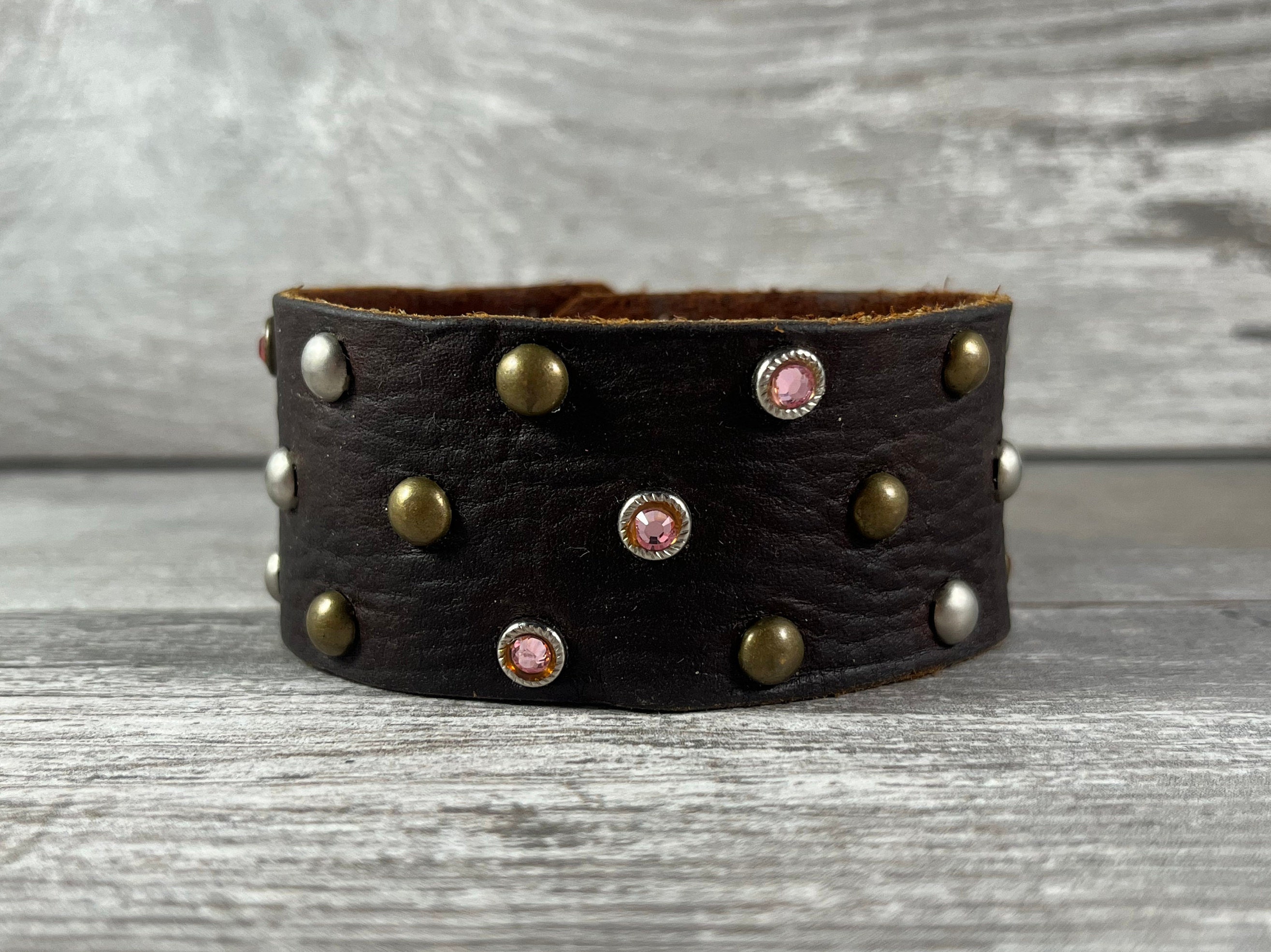 Brown Recycled Leather Cuff Bracelet With Rivets Repurposed - Etsy