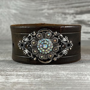 rhinestone leather cuff bracelet - brown distressed recycled belt cuff - vintage inspired boho cowgirl rock star style [3963]