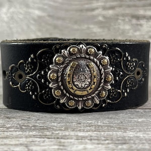 Leather cuff bracelet with horseshoe concho - recycled belt cuff - cowgirl rodeo hippie style - one of a kind from Speckled Sparrow [4037]