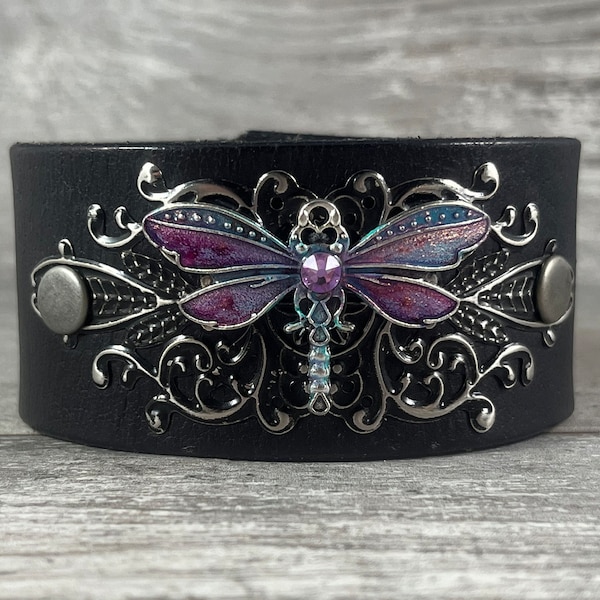 Hand painted purple dragonfly leather cuff bracelet - black distressed recycled belt - one of a kind Speckled Sparrow LLC [3692]