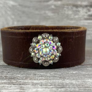 Narrow leather cuff bracelet - rhinestone concho cuff - distressed repurposed reclaimed recycled - boho rustic cowgirl [3986]