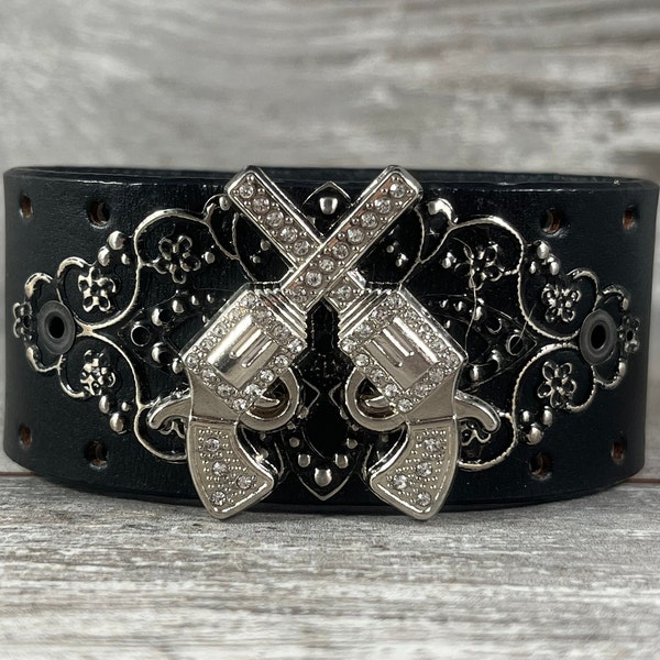 leather cuff bracelet with rhinestone crossed pistols - recycled belt cuff - western cowgirl style - girls with guns gunslinger cuff [3355]