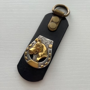 Horse and horseshoe leather key ring made using reclaimed leather from rescued leather belt scraps