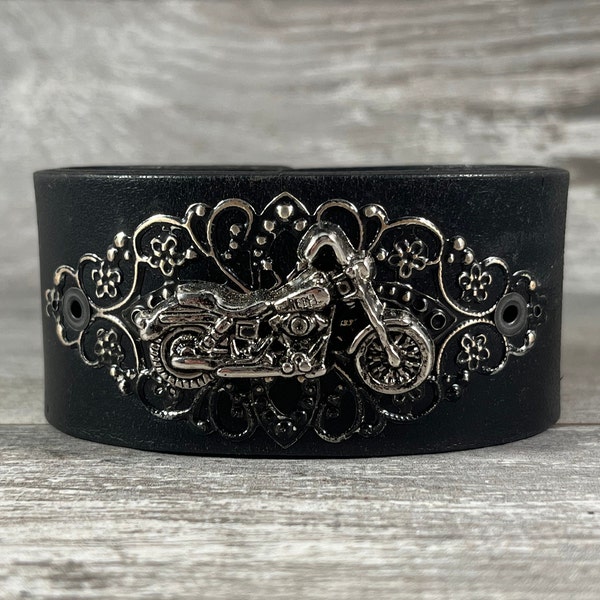 Leather cuff bracelet with silver tone motorcycle - black distressed recycled belt bracelet - rustic boho biker chick style [3709]