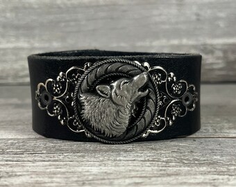 Wolf leather cuff bracelet - recycled belt cuff - howling wolf head - boho hippie rustic rock star style - Speckled Sparrow LLC [3079]