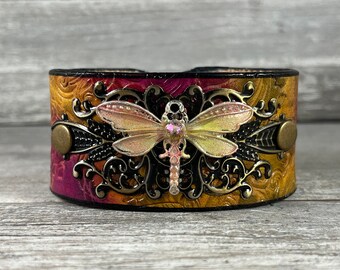 Yellow dragonfly leather cuff bracelet - hand stamped & dyed one of a kind wearable work of art - Lost Sailor Speckled Sparrow collab [3059]