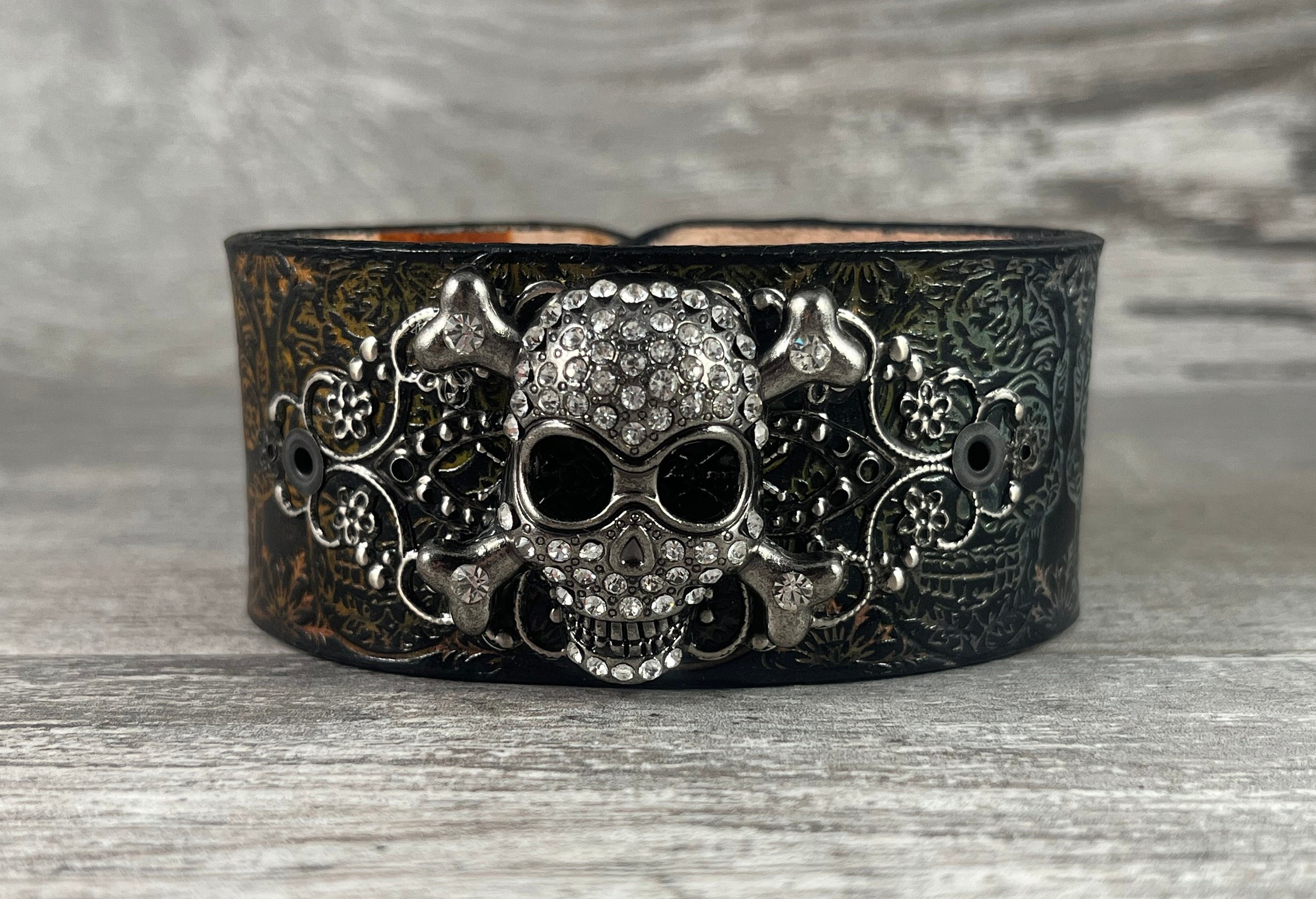 Sugar Skull Leather Cuff Bracelet Hand Stamped and Dyed One of a