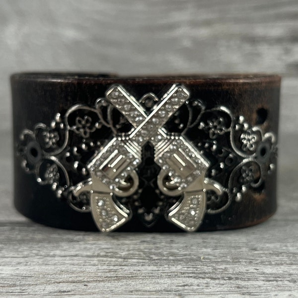 leather cuff bracelet with rhinestone crossed pistols - recycled belt cuff - western cowgirl style - girls with guns gunslinger cuff [2813]