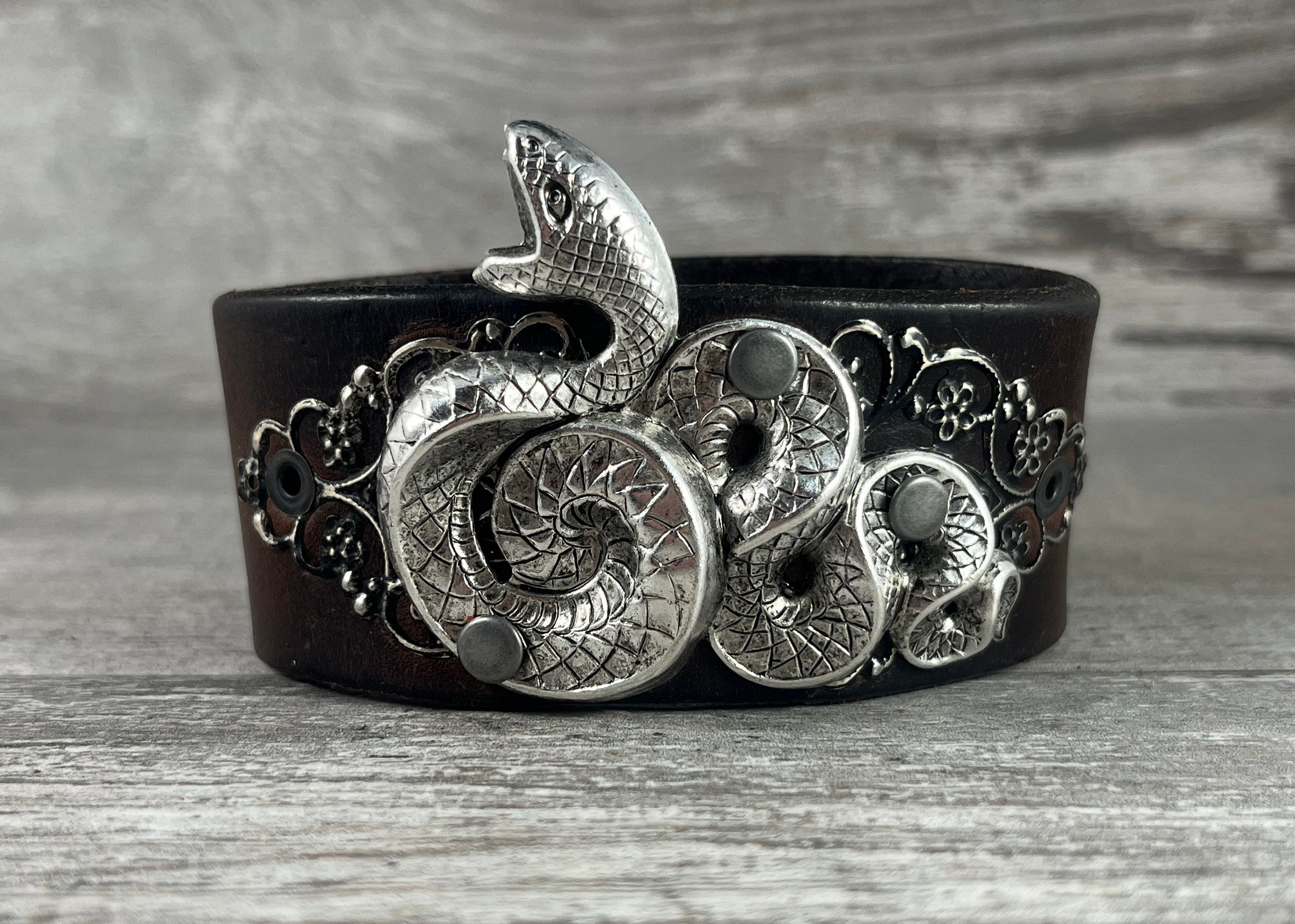 Large Silver Snake Brown Leather Cuff Bracelet - Recycled