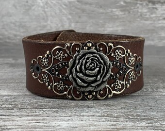 Rose leather cuff bracelet - distressed brown recycled repurposed belt cuff - western rustic boho hippie style [2196]