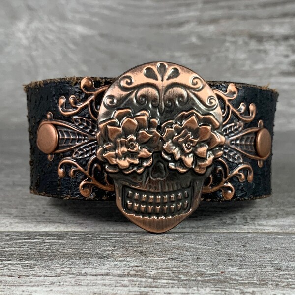 leather cuff bracelet with Copper sugar skull - distressed recycled belt cuff - rock star biker chick style - Day of the Dead cuff [2625]