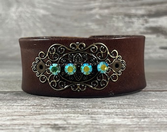 Brown leather cuff bracelet with green rhinestones and filigree - recycled belt cuff - boho hippie cowgirl biker chick style [3424]