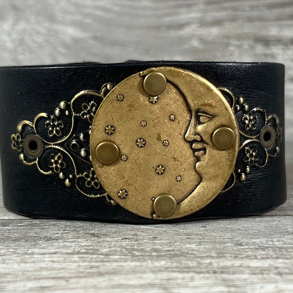 Brass moon & stars leather cuff bracelet - distressed black recycled repurposed belt cuff - vintage inspired rustic boho hippie style [3687]