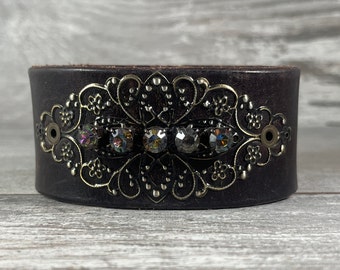 Black leather cuff bracelet with rhinestones and filigree - recycled belt cuff - boho hippie cowgirl biker chick style [3432]