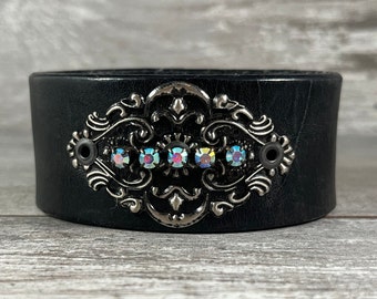 Black leather cuff bracelet with rhinestones and filigree - recycled belt cuff - boho hippie cowgirl biker chick style [3401]
