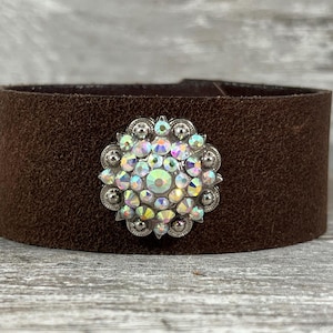 Leather cuff bracelet - rhinestone concho cuff - distressed repurposed reclaimed recycled - boho rustic cowgirl vintage inspired [4088]