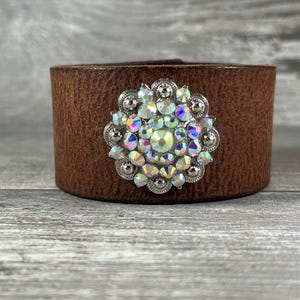 Leather cuff bracelet - rhinestone concho cuff - distressed repurposed reclaimed recycled - boho rustic cowgirl vintage inspired [3957]