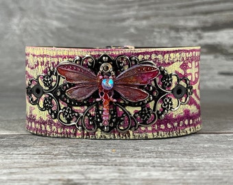 Hand painted pink dragonfly leather cuff bracelet - distressed recycled belt - sentimental memorial jewelry - hippie boho style [3378]