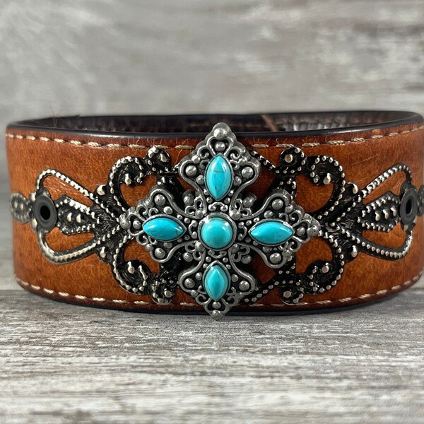 Brown leather cuff bracelet with faux turquoise filigree cross - distressed recycled belt cuff - boho rustic cowgirl rodeo style [3568]