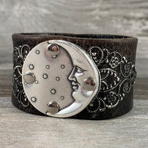 Moon & stars leather cuff bracelet - distressed black recycled repurposed belt cuff - vintage inspired rustic boho gypsy style [0224]