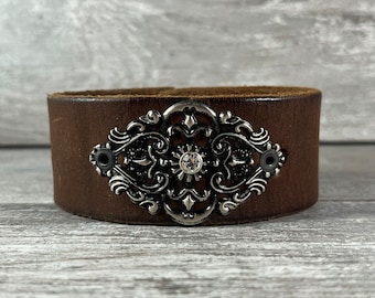 Distressed brown leather cuff bracelet with filigree and rhinestone - vintage inspired - one of a kind rock star boho cowgirl style [3152]