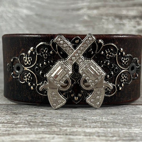 leather cuff bracelet with rhinestone crossed pistols - recycled belt cuff - western cowgirl style - girls with guns gunslinger cuff [3540]