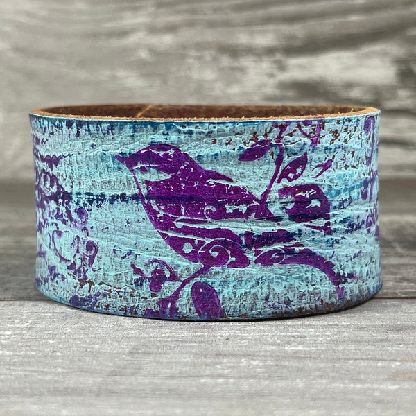 hand painted leather cuff bracelet - fuchsia bird cuff - repurposed reclaimed recycled belt cuff - rustic hippie boho style [3312]