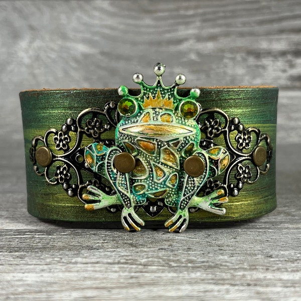 hand painted frog prince leather cuff bracelet - distressed recycled belt - painted metallic greens - fairy witchy cottage core style [2938]