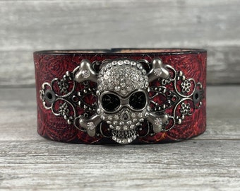 Sugar skull leather cuff bracelet - hand stamped and dyed one of a kind wearable work of art - Lost Sailor Speckled Sparrow collab [3048]