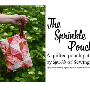 May include: A quilted pouch pattern called "The Sprinkle Pouch" by Sprinkle of Sewing. The pouch is pink, red, and white with a brown leather handle.  #sprinkleofsewing #sprinklepouch #sprinkleofsewingpatterns