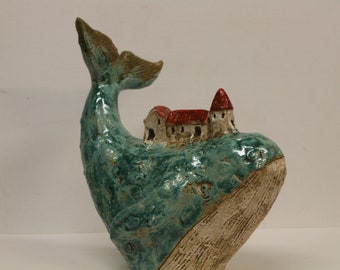 Ceramic whale with houses. Ceramics created with love in the Barba Pacula studio.