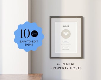 Puede incluir: Un cartel enmarcado con el texto "Wi-Fi" y un símbolo de Wi-Fi. El cartel también incluye el nombre de la red y la contraseña. El cartel está en una pared blanca con el texto "10 Canva EASY-TO-EDIT SIGNS for RENTAL PROPERTY HOSTS" en un círculo azul.