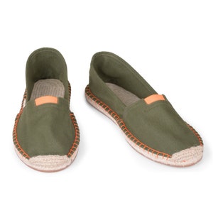 Ethically Handmade Espadrilles | Khaki Green Cotton with Orange Detail. ExtraFit for High Instep. 100% Biodegradable & Vegan