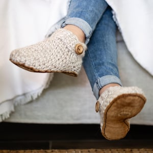 Knitted Wool Blend Ankle Boot Slippers for Women with Leather Soles. Cozy Warm Comfort