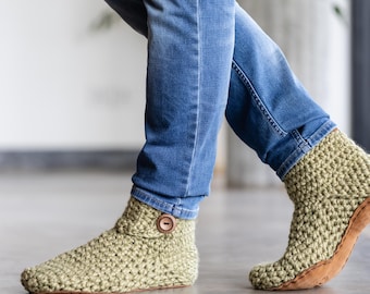 Handmade Wool Slippers: Winter Moss Green, Suede Soles, Warm Cozy Comfort