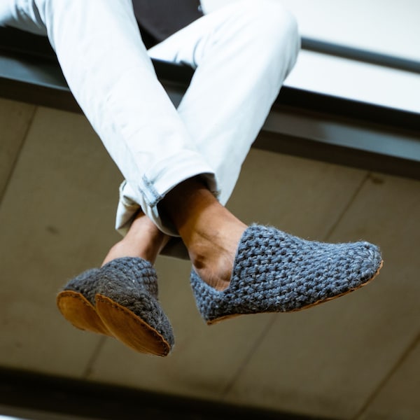 Handmade Wool Slippers: Unisex. Charcoal Gray. Cozy House Shoes with Leather Soles.