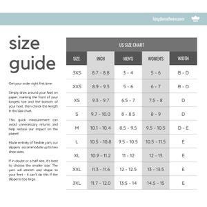 Kingdom of Wow size chart for their handmade wool slippers