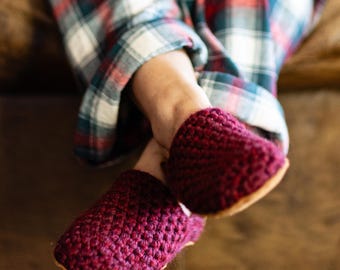 Handmade Wool Slippers: Mulberry Red, Leather Sole, Barefoot Comfort
