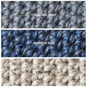 Three strips of crocheted fabric in various colors. The colors include chai beige, midnight blue, and charcoal gray. Each square has the color name printed on it. Color options for Kingdom of Wow wool slippers.