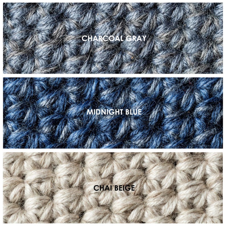 Three strips of crocheted fabric in various colors. The colors include chai beige, midnight blue, and charcoal gray. Each square has the color name printed on it. Color options for Kingdom of Wow wool slippers.