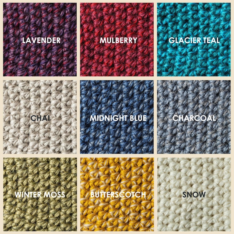 Nine squares of crocheted fabric in various colors. The colors include lavender, mulberry, glacier teal, chai, midnight blue, charcoal, winter moss, butterscotch, and snow. Each square has the color name printed on it. Color options for Kingdom of Wow wool slippers.