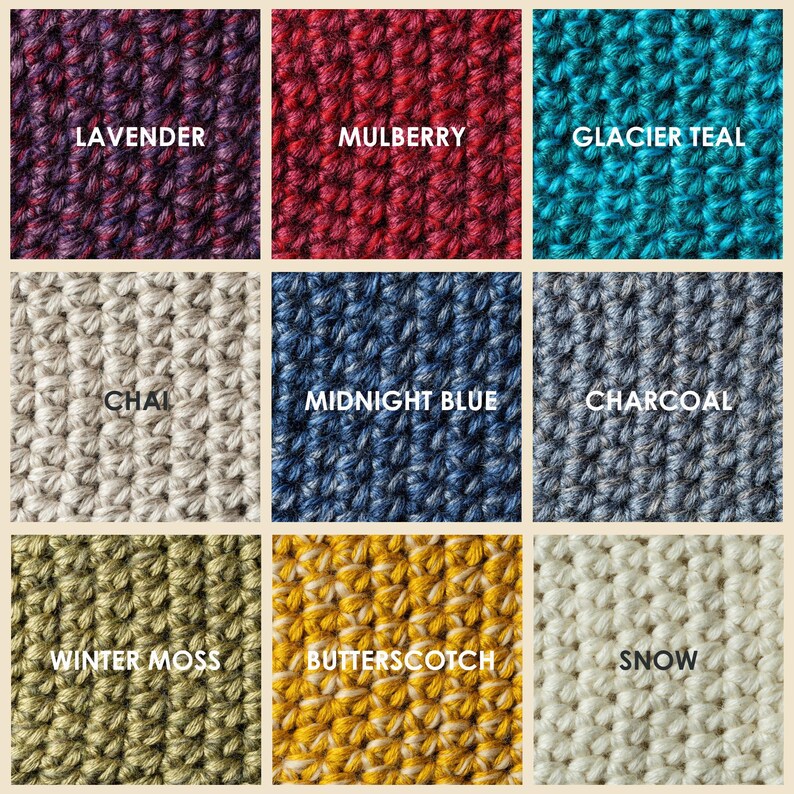 Nine squares of crocheted fabric in various colors. The colors include lavender purple, mulberry red, glacier teal, chai beige, midnight blue, charcoal gray, winter moss, butterscotch yellow, and white snow. Each square has the color name printed on it. Color options for Kingdom of Wow wool slippers.