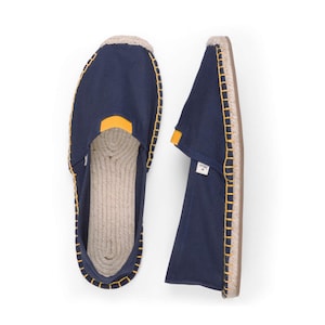 Men&#39;s Handmade Cotton Espadrilles: Dark Blue with Yellow Detail