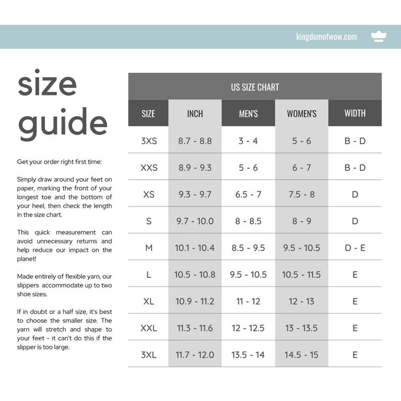 Kingdom of Wow size chart for their handmade wool slippers. Large sizes available up to US Men's 14 EU 49