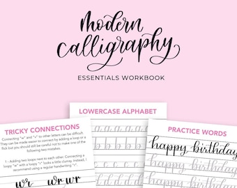 Modern Calligraphy Workbook - The Fundamentals - Modern calligraphy alphabet - Basic strokes - Calligraphy practice sheets - Practice words