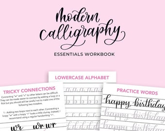 Cuaderno de ejercicios de caligrafía moderna - Los fundamentos - Alfabeto de caligrafía moderna - Trazos básicos - Hojas de práctica de caligrafía - Palabras de práctica