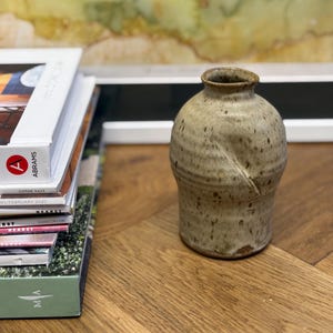 May include: A speckled, beige ceramic vase with a narrow neck and a rounded body. The vase sits on a wooden surface next to a stack of magazines. The background features a colorful abstract painting.