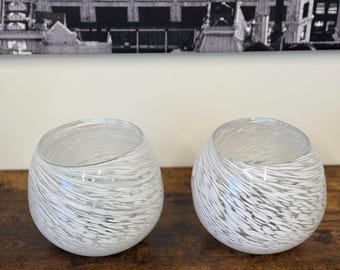 Hand Blown White Swirl Spatter Glass Bowl Set / Vase / Planter